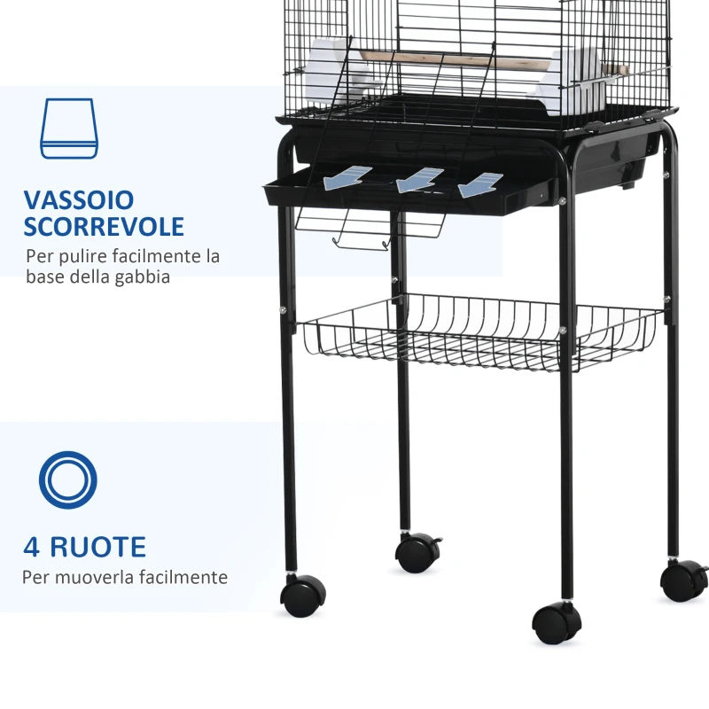 PawHut Gabbia per Uccelli con 3 Posatoi, 2 Ciotole e 2 Porte Laterali, in Acciaio, PP e Legno, 46x36x130 cm, Nera