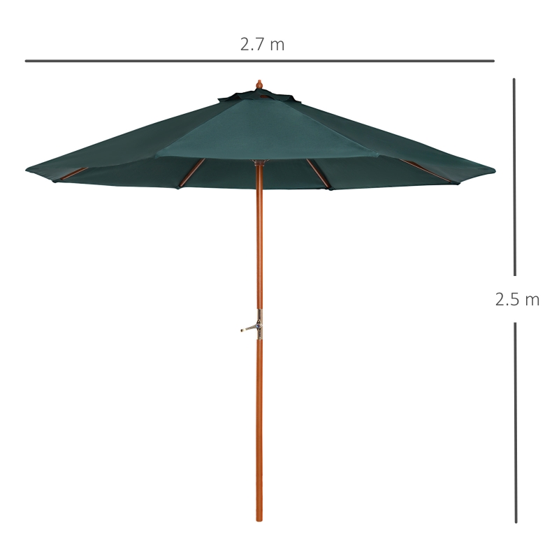 Outsunny Ombrellone da giardino in legno di pioppo, copertura di poliestere Verde, Stabile, Anti-UV, Ø270 x 250cm