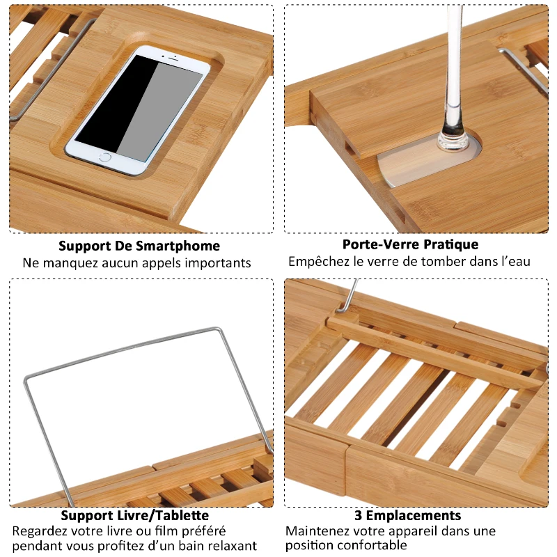 HOMCOM Pont tablette plateau de baignoire avec support de livre longueur réglable 70-105 cm bambou