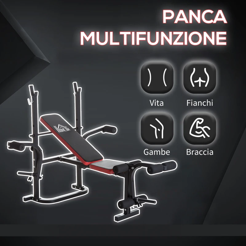 HOMCOM Panca Multifunzione Stazione Fitness con Schienale Regolabile, Leg Curl e Porta Bilanciere, 128x155x112cm, Nero e Rosso