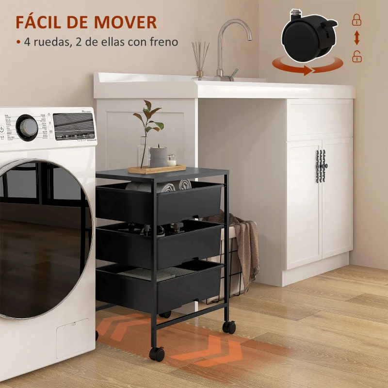 HOMCOM Carrito Auxiliar con Ruedas con 3 Cestas para Almacenamiento y Marco de Acero para Cocina Baño 40,8x33,5x60,5 cm Negro