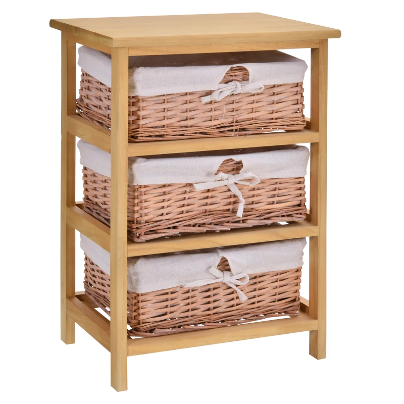 HOMCOM 3 Drawer Dresser Wicker Basket Storage Shelf Unit Wooden Frame Home Organisation Cabinet Bedroom Office Furniture Natural Finish