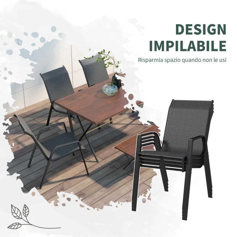 Outsunny Set 4 Sedie da Giardino Impilabili con Braccioli in Rattan PE e Acciaio, Grigio