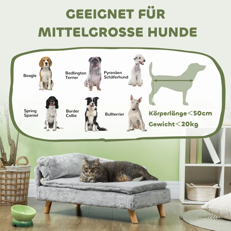 PawHut Hundebett, Hundesofa, waschbarer Plüschbezug, bis 20 kg, 80 x 50 x 40 cm, Hellgrau