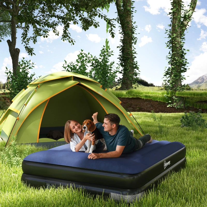 Outsunny Campingmatratze für 2 Personen, aufblasbar, eingebaute Pumpe, Tragetasche, 203 x 152 x 46 cm, Dunkelblau/Schwarz
