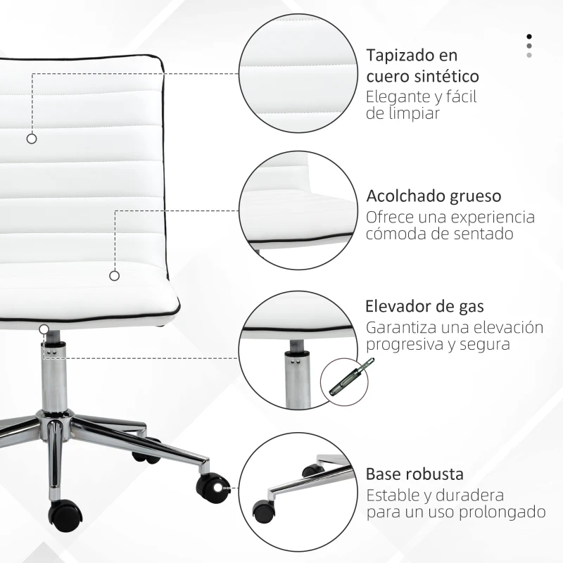 Vinsetto Silla de Oficina Sin Reposabrazos con Altura Ajustable Respaldo Tapizado en Piel Sintética 47x57x76,5-86,5 cm Blanco