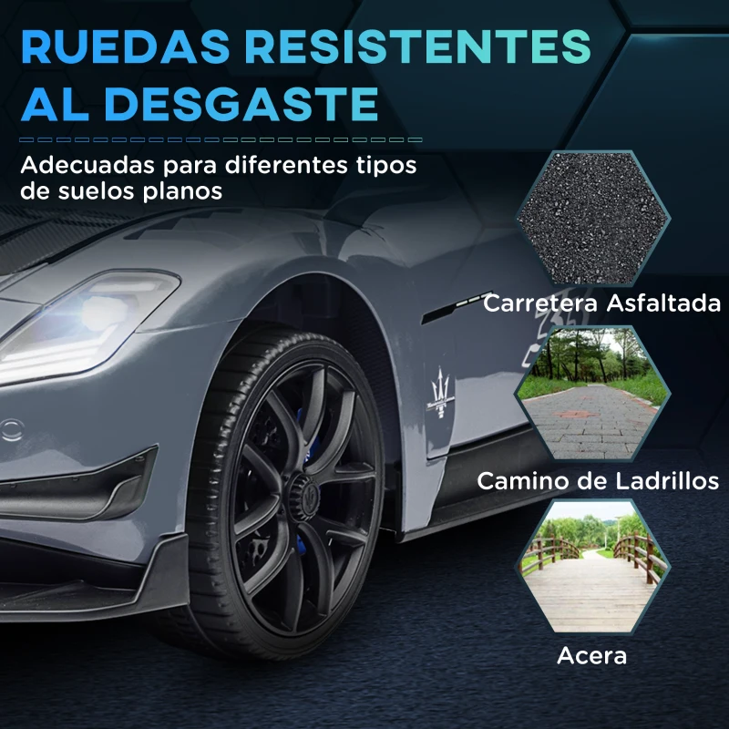 AIYAPLAY Coche Eléctrico para Niños de +3 Años Maserati GT2 con Mando a Distancia Faros LED Bocina Música Ruedas Auxiliares Gris