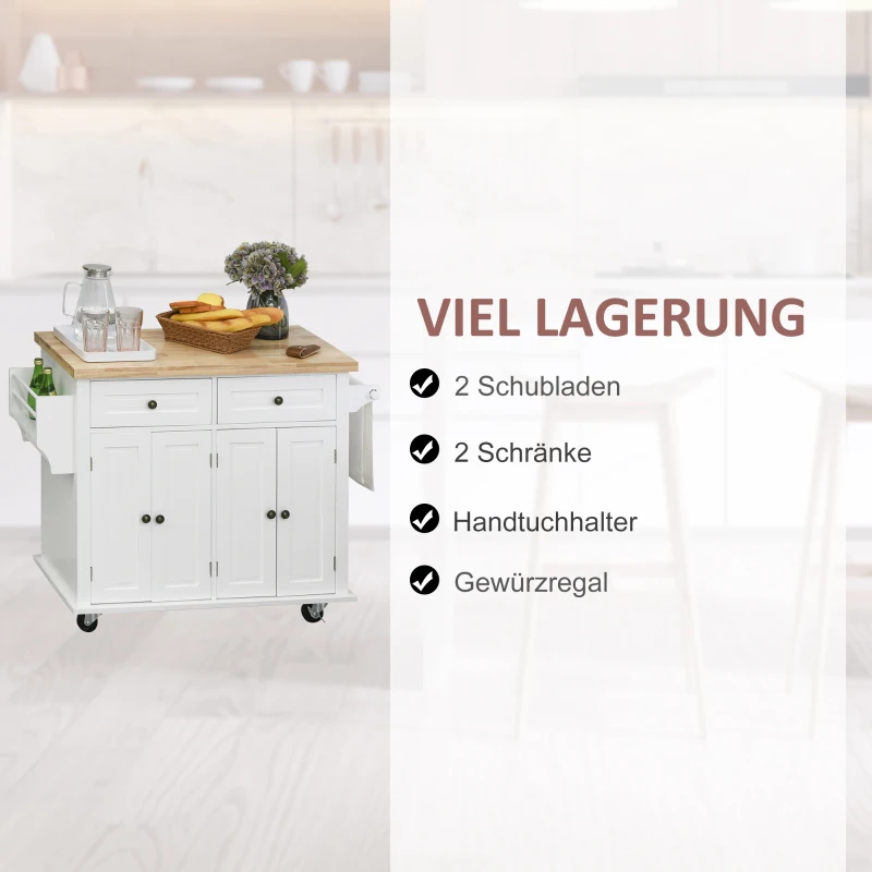 HOMCOM Küchenschrank, Servierwagen, Kücheninsel mit Rollen, Küchenwagen, Küchenregal mit Schublade und verstellbares Regal, Gummiholz, MDF, Spanplatte, Weiß, 111 x 44,5 x 82,5 cm