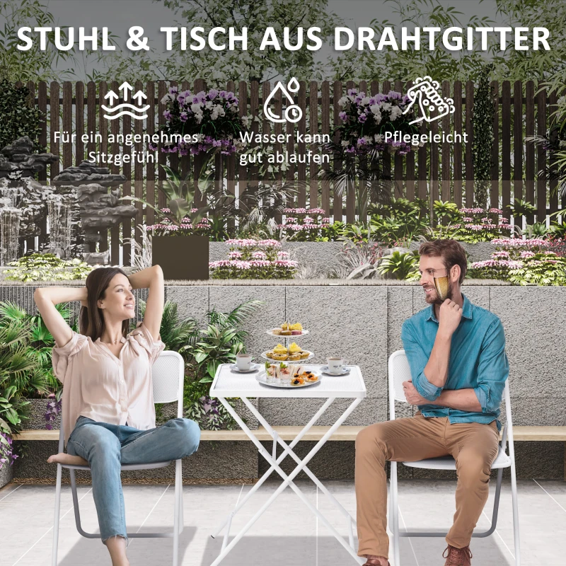 Outsunny Garten Bistro-Set für 2 Personen Gartenset Garnitur 1 Tisch+2 faltbare Stühle für Terrasse Balkon Metall Weiß