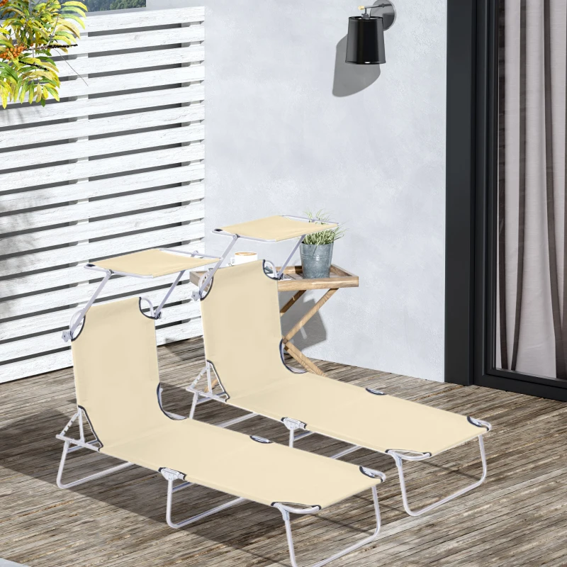 Outsunny 2 Pieces Outdoor Foldable Sun Lounger, 4 Level Adjustable Backrest Reclining Sun Lounger Chair with Angle Adjust Sun Shade Awning for Beach, Garden, Patio, Beige