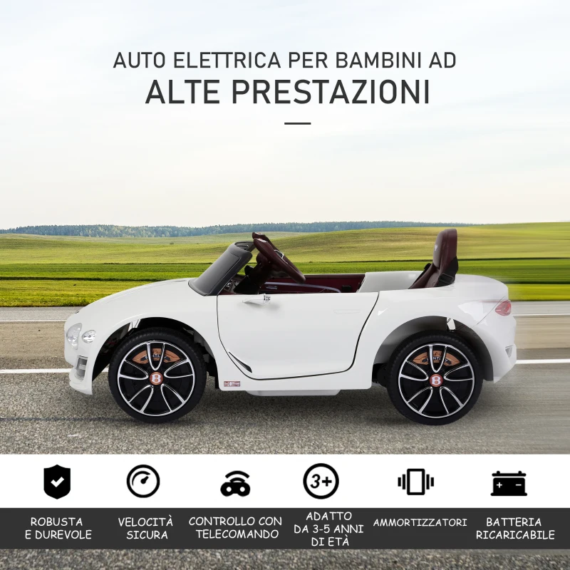 HOMCOM Macchina Elettrica per Bambini Bentley GT 6V, con Doppi Motori, Auto Elettrica per Bambini con Telecomando, Clacson, Suoni, Fari e 2 Portiere Apribili, 2.5-5 km/h, per 3-5 Anni, Bianco