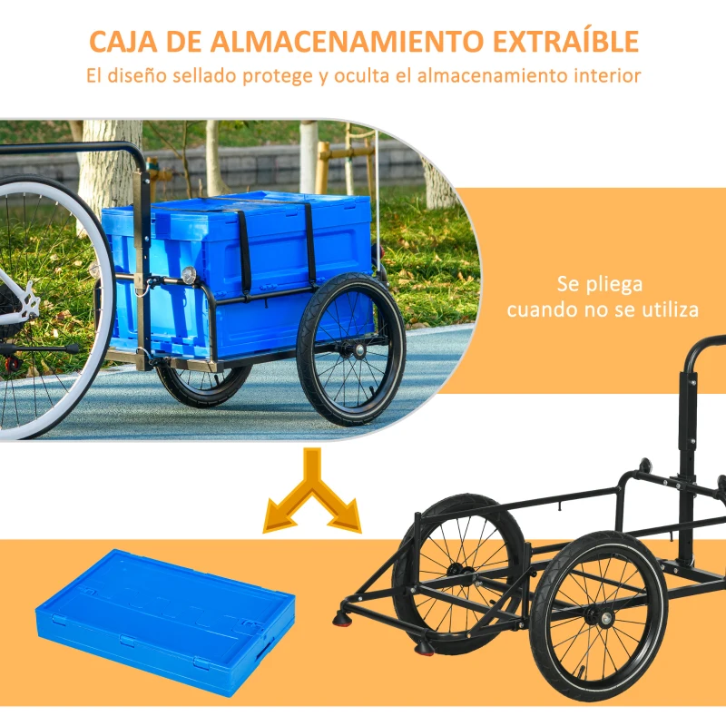 HOMCOM Remolque para Bicicleta de Carga con Caja de Almacenamiento Plegable Mango Ajustable Carga 40 kg Capacidad 65 L Azul