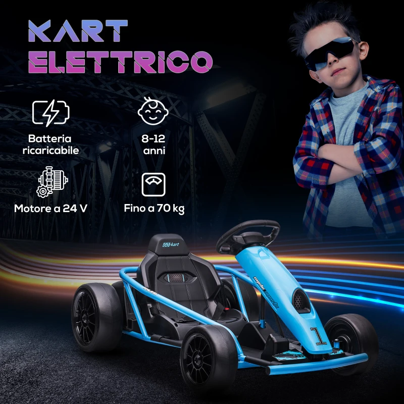HOMCOM Go-Kart Elettrico per Bambini 8-12 Anni con Schienale Alto e Cintura di Sicurezza, 115x77x54 cm, Blu e Nero