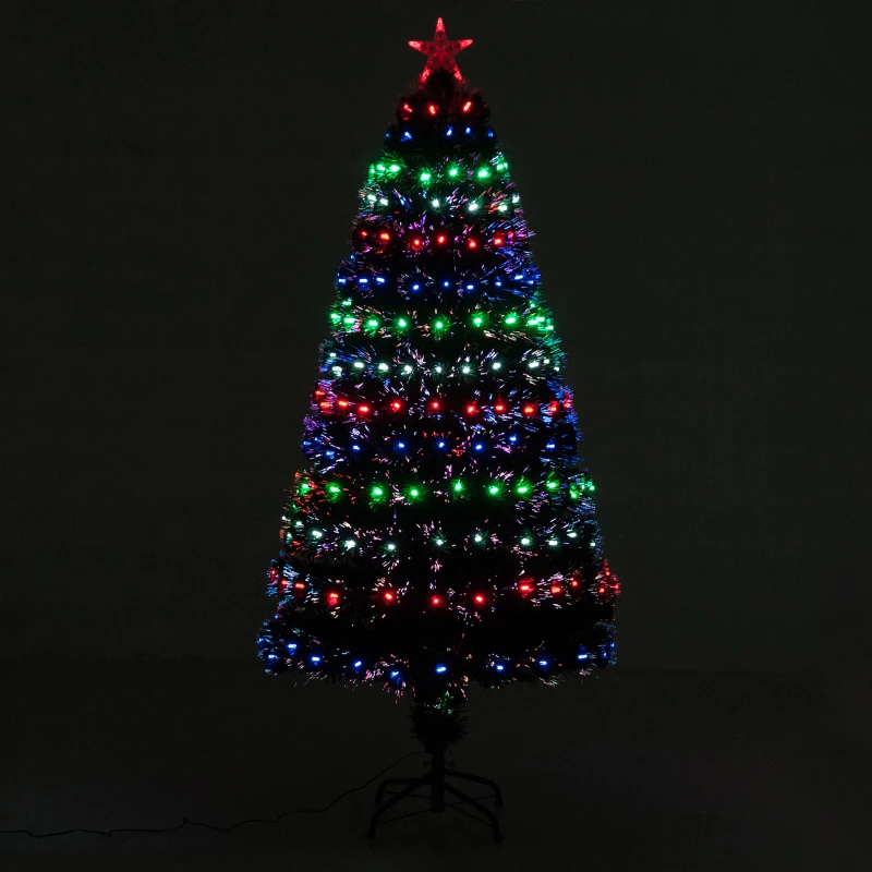 HOMCOM Sapin de Noël artificiel lumineux fibre optique LED x 200 multicolore + support pied Ø 70 x 150H cm 200 branches étoile sommet brillante vert
