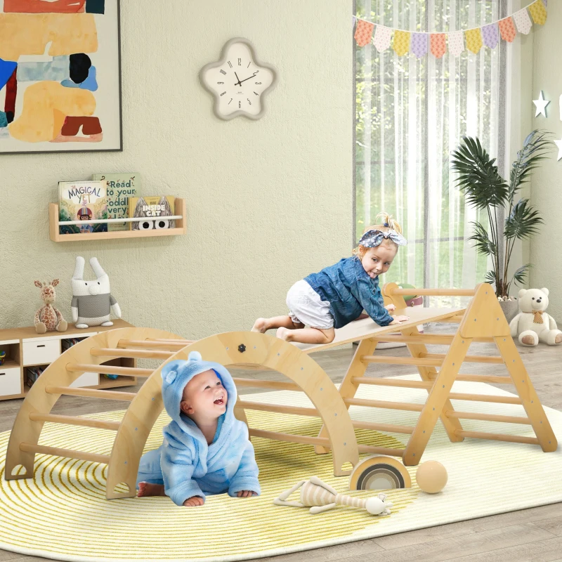 AIYAPLAY Triángulo de Escalada para Niños de 18-48 Meses con Rampa Escalador de Arco 219x72,5 cm Natural