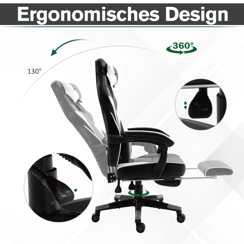 Vinsetto Ergonomischer Bürostuhl, Gaming Stuhl, Drehstuhl mit Lendenkissen und Fußstütze, Kunstleder, Grau, Weiß, Schwarz, 68 x 70 x 120-127 cm