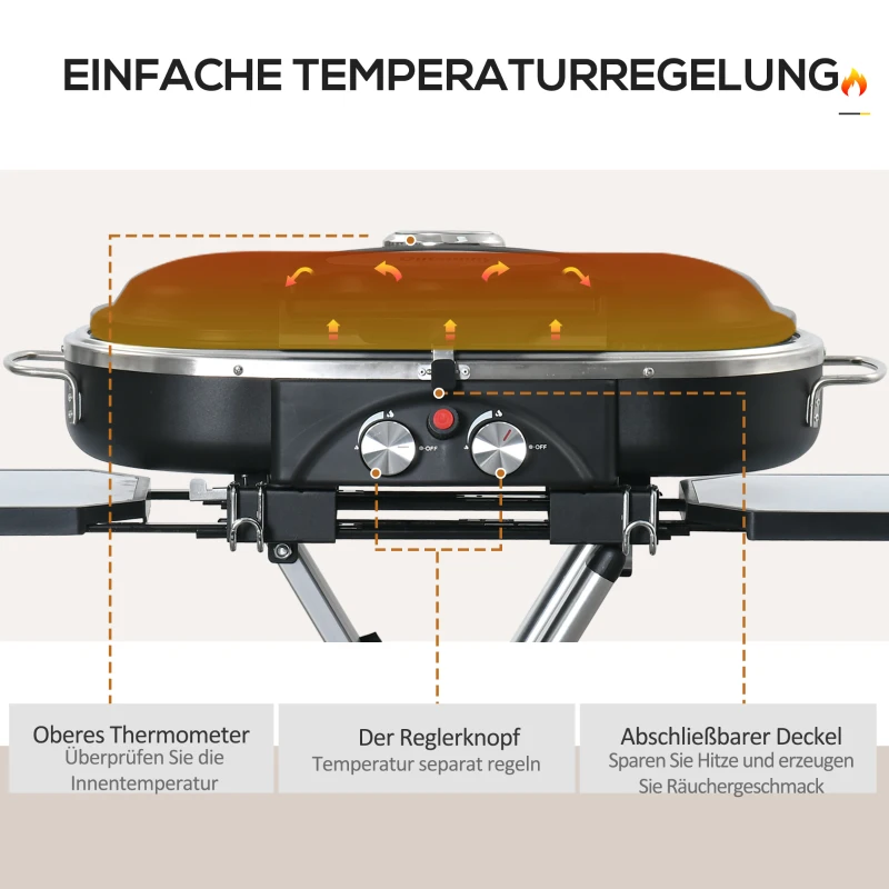 Outsunny Gas Grill BBQ Grillwagen Klappbar mit 2 Brenner Grillnetz Seitenablage Rollen 2,34 kW für Garten Balkon Terrasse Edelstahl Schwarz+Silber 100 x 41,6 x 82,5 cm