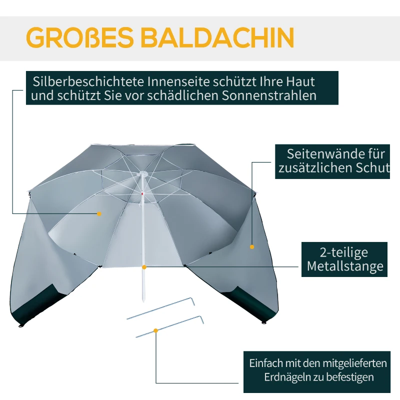 Outsunny 2 in 1 Sonnenschirm Strand Ø 210 cm UPF 50+ windfest Strandschirm mit Seitenwänden Tragtasche Balkon-Schirm faltbarer Gartenschirm Sonnenschutz für Reisen, Strand, Balkon Camping Dunkelgrün
