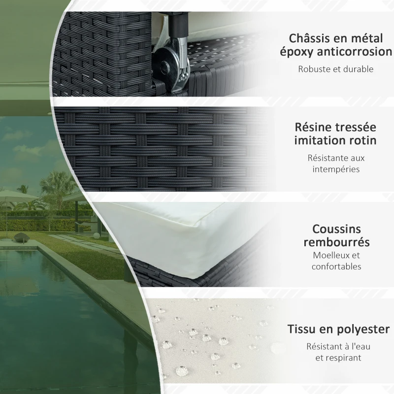 Outsunny Ensemble de jardin 2 places : canapé dossier inclinable tablettes coffre matelas et coussins intégrées + repose-pieds résine tressée noir polyester crème