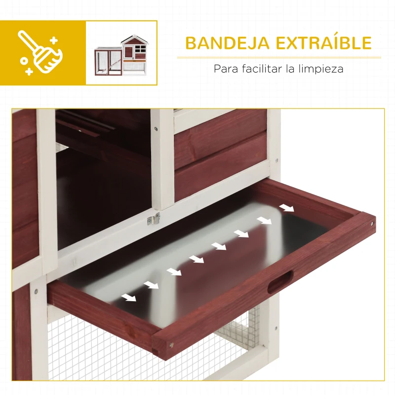 PawHut Conejera de Madera de 2 Niveles Jaula para Conejos con Zona Abierta Techo Asfáltico Bandeja Extraíble y Rampa Conejera para Exterior 122x62,6x92 cm Marrón