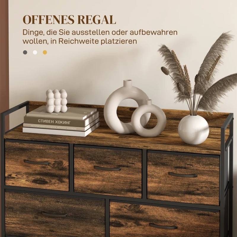 HOMCOM Kommode, Sideboard mit 7 Stoffschubladen, Industrial Design, Stahlrahmen, 98x29x85cm, Braun/Schwarz