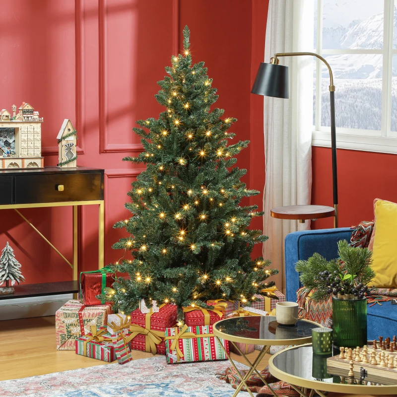 HOMCOM Árbol de Navidad Artificial 150 cm con 220 Luces LED 588 Ramas y Patas de Metal Árbol Navideño para Interior Verde