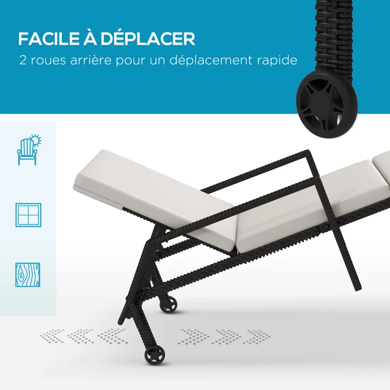Outsunny Bain de soleil transat grand confort : matelas, inclinaison réglable multipositions, roulettes résine tressée crème