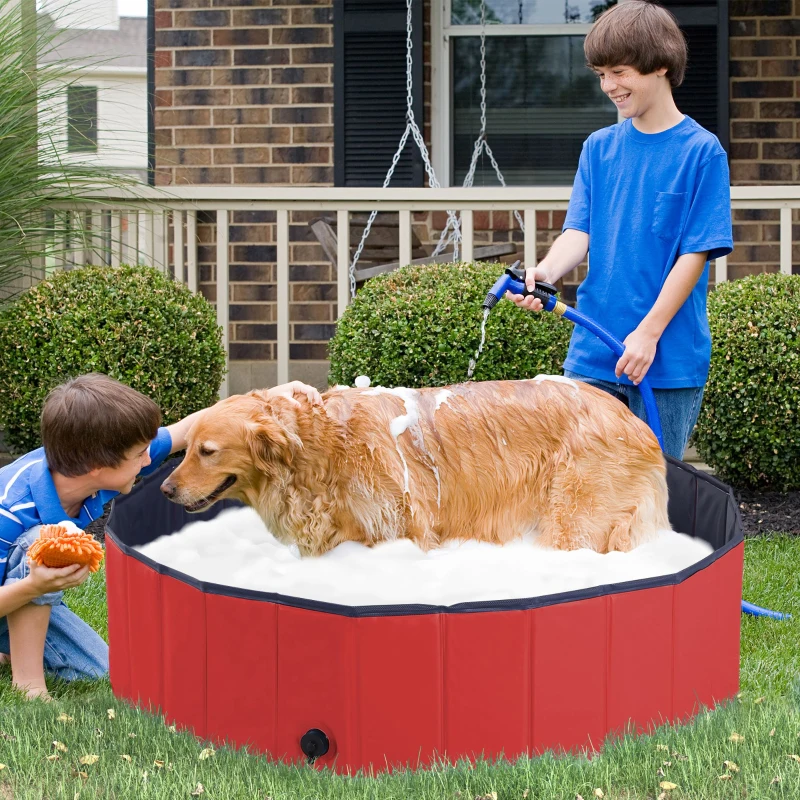 PawHut Dog Paddling Pool, Foldable Dog Pool, Leakproof & Hard Plastic, Portable Pet Bathtub with Non-Slip Base & Drainage Hole, for Indoors, Outdoors, Garden, Patio, 120 x 30 cm, Red