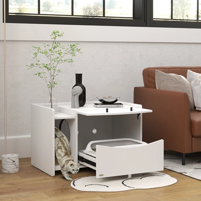 PawHut Meuble 2 en 1 maison de toilette bac à litière chat compartiment coulissant 78 x 50 x 51cm blanc