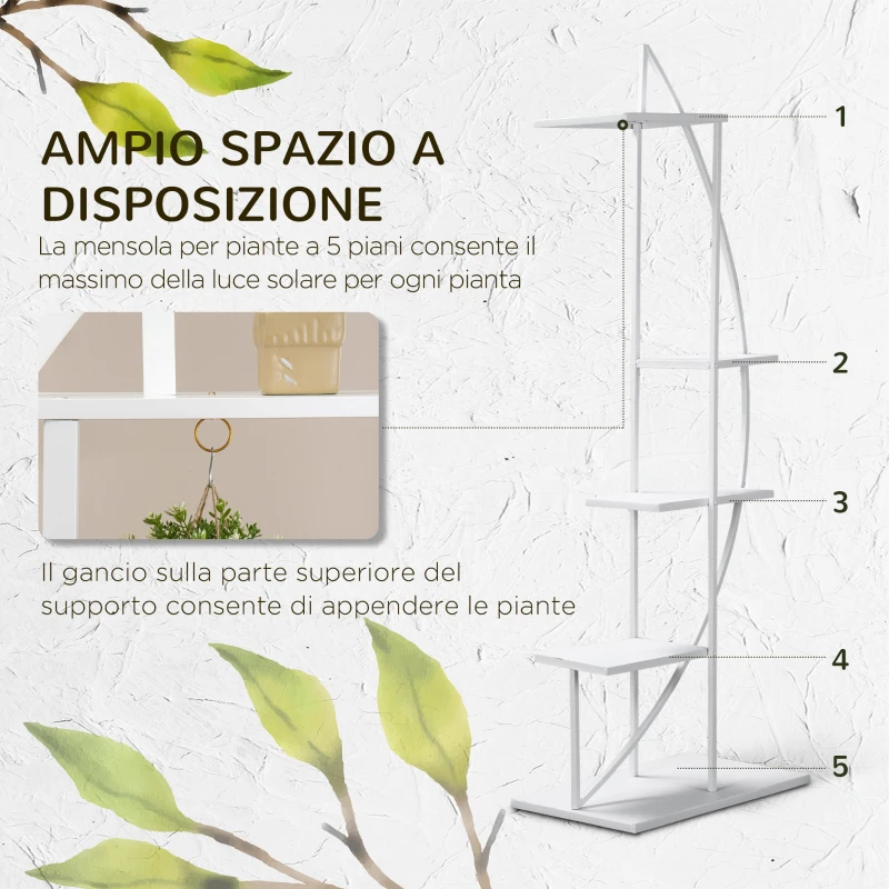 Outsunny Portafiori a 5 Livelli a Mezzaluna per Interni ed Esterni in MDF e Acciaio, 50x30x160 cm, Bianco