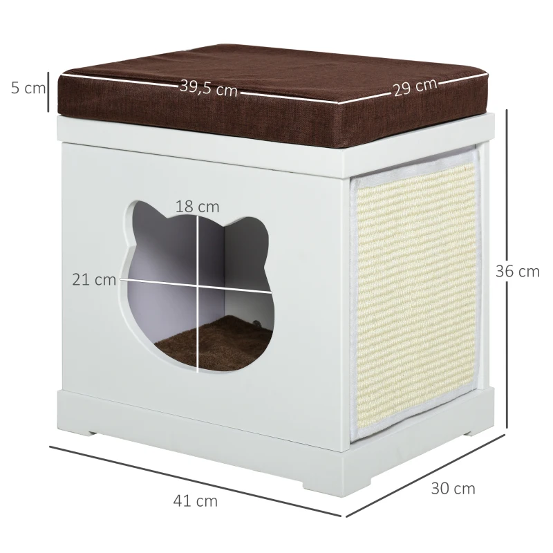 PawHut Katzenhaus Sitzhocker Hocker 2 In 1 Katzenhöhle Katzenwohnung MDF Weiß 41 x 30 x 36 cm