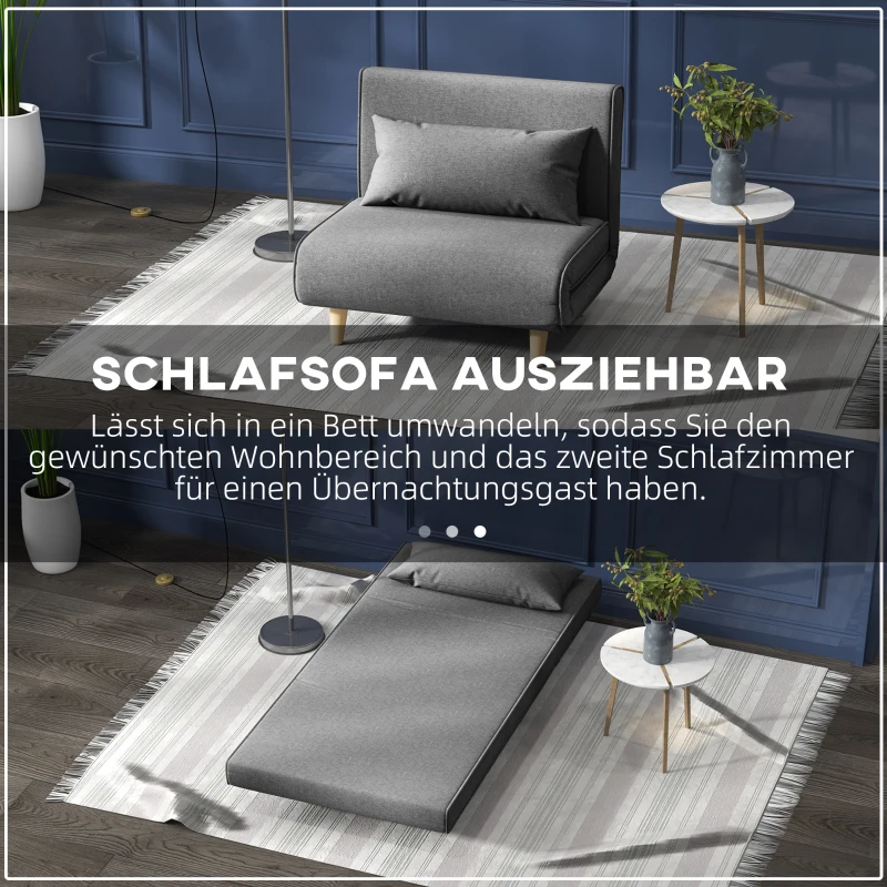 HOMCOM Einzelsofa Schlafsofa Sofabett Klappsofa verstellbar Rückenlehne Liege nordisch skandinavisch 25D Schaumstoff Haus Leinenimitat Tannenholz Grau 94 x 78 x 80 cm