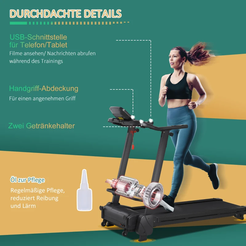 HOMCOM Elektrisches Laufband mit LCD-Display USB- und MP3-Player Faltbares Fitnessgerät 1-14 Km/h Stahl Schwarz 164 x 70 x 125 cm
