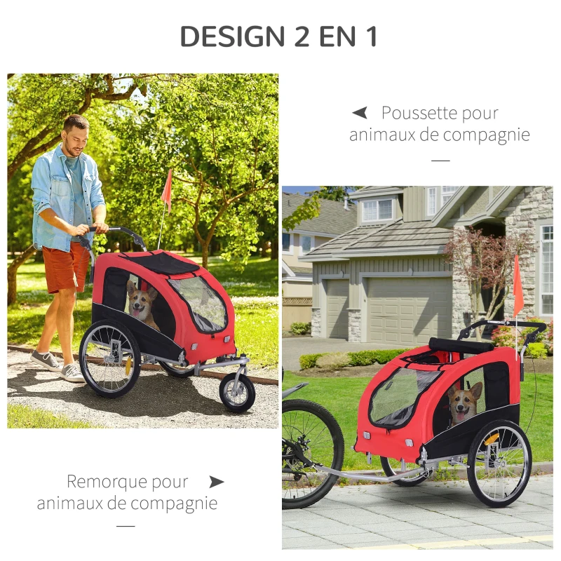 HOMCOM Remorque vélo Jogger 2 en 1 pour Animaux Drapeau Roue Avant pivotante réflecteurs et Barre d'attelage Inclus Rouge Noir
