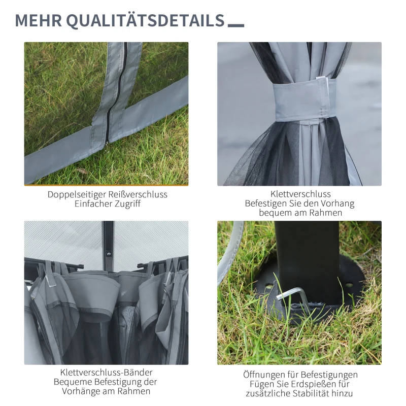 Outsunny Pavillon mit Polycarbonatdach, Vorhänge mit Fliegennetz, Alugestell, dunkelgrau, 3 x 3 m