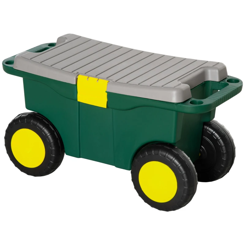 Outsunny Tabouret de Jardin Caisse à Outils 2 en 1 - Coffre et Plaque compartimentée de Rangement verrouillable - 4 roulettes, 2 poignées - PP Gris Jaune Vert