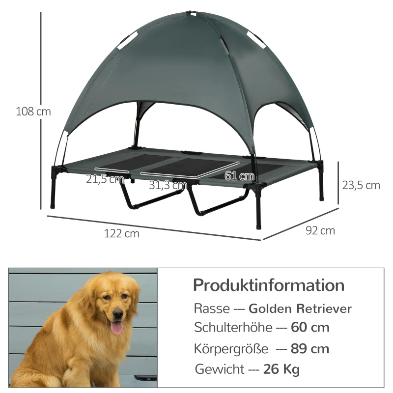 PawHut Erhöhtes Hundebett mit Baldachin, Haustierbett, Hundeliege outdoor mit Dach, Atmungsaktiv, Taftstoff für Camping Grau 122 x 92 x 108 cm