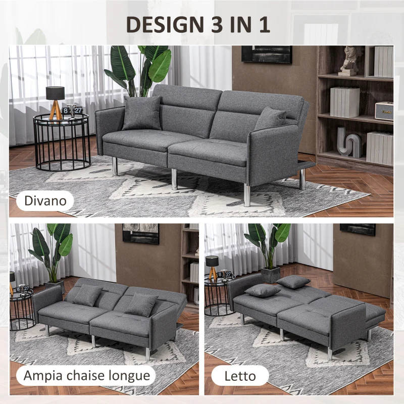 HOMCOM Divano Letto 3 Posti con Meccanismo Clic Clac, Schienale Reclinabile e 2 Cuscini, 189x91x84cm, Grigio