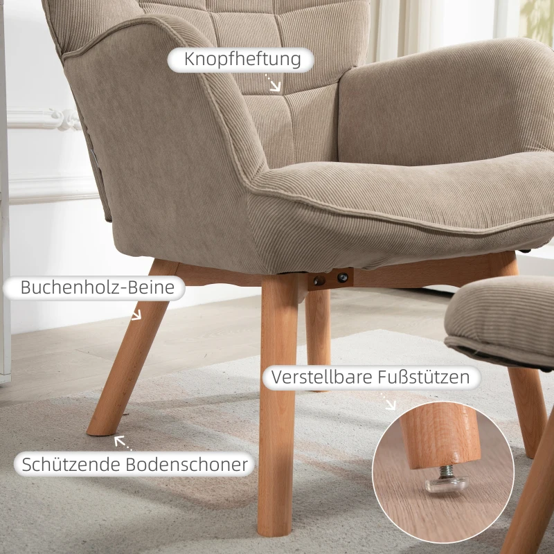 HOMCOM Akzentsessel mit Hocker, Relaxsessel in Cord-Optik, Armlehnstuhl mit Holzbeinen, für Wohnzimmer, Hellbraun(m-5)