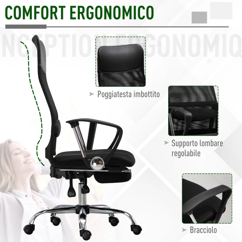 Vinsetto Poltrona da Ufficio Ergonomica, Altezza Regolabile, Reclinabile, Poggiapiedi Estraibile, Supporto Lombare, Nero