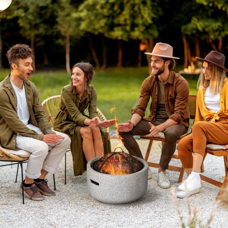 Outsunny Brasero cheminée foyer extérieur rond à bois en métal tisonnier pare-étincelle grille et poignée diamètre 45 cm gris