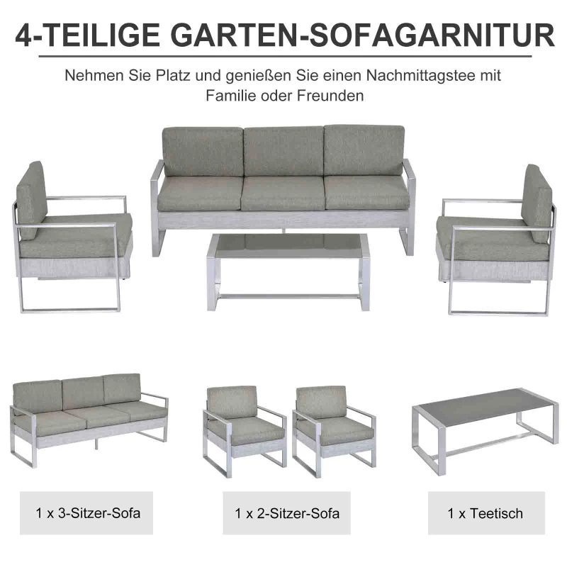 Outsunny Gartenmöbel Sofa Set für 5 Personen mit Alu. Teetisch mit gehärtetem Glas Grau