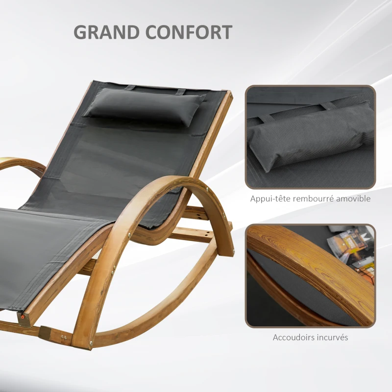 Outsunny Chaise Longue Fauteuil berçant à Bascule transat Bain de Soleil Rocking Chair en Bois Charge 120 Kg Gris