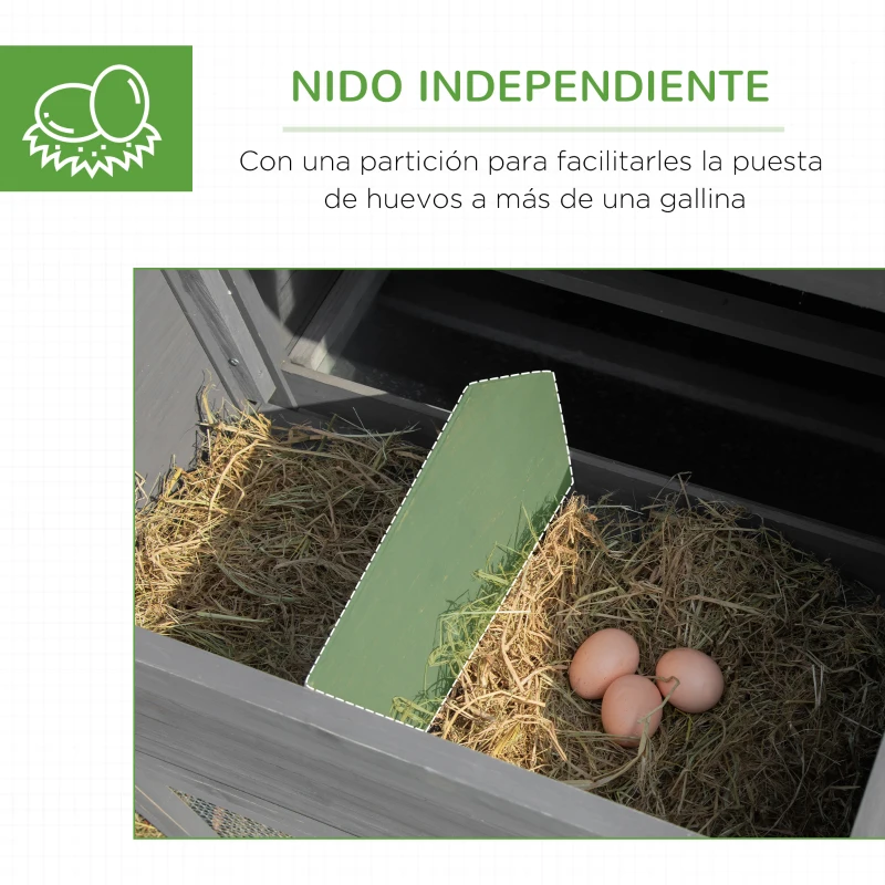 PawHut Gallinero de Madera Exterior Jaula para 2-4 Gallinas con Corral de Alambre Techos Asfálticos Nido Bandeja Extraíble y Rampa 200x80x105 cm Gris