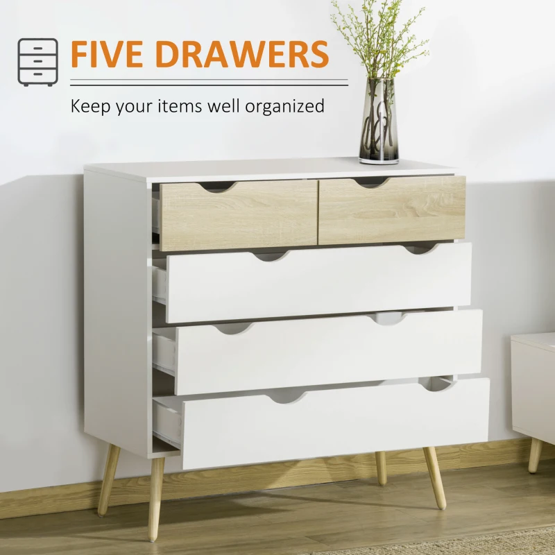 HOMCOM Nordic Style Chest of Drawers, 5 Drawer Dresser with 4 Tapered Legs and Groove Handles, Storage Organiser Side Cabinet for Bedroom, Living Room