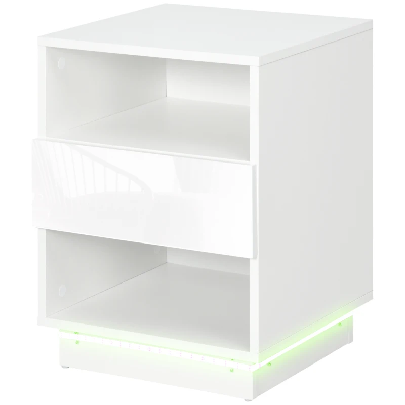 HOMCOM Mesita de Noche con Luz LED Mesilla de Noche con Mando a Distancia Cajón de Alto Brillo y 2 Estantes 40x40x55 cm Blanco