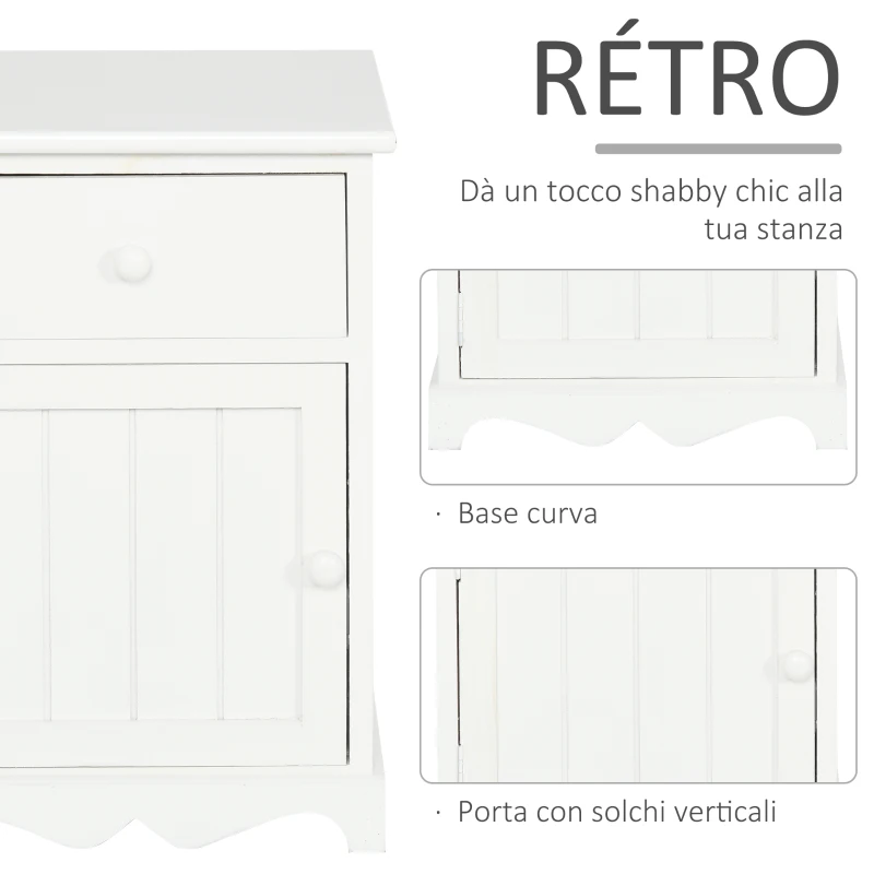 HOMCOM Set 2 Comodini in Legno Bianco con 1 Cassetto e 1 Armadietto in Stile Rétro per Camera da Letto, 35x30x49cm