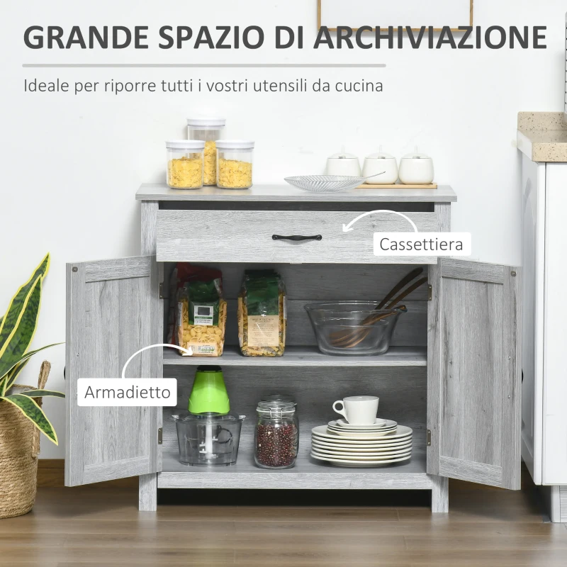 HOMCOM Credenza Cucina Country con Armadietto a 2 Ante e Cassetto, 80x39.7x80cm, Grigio