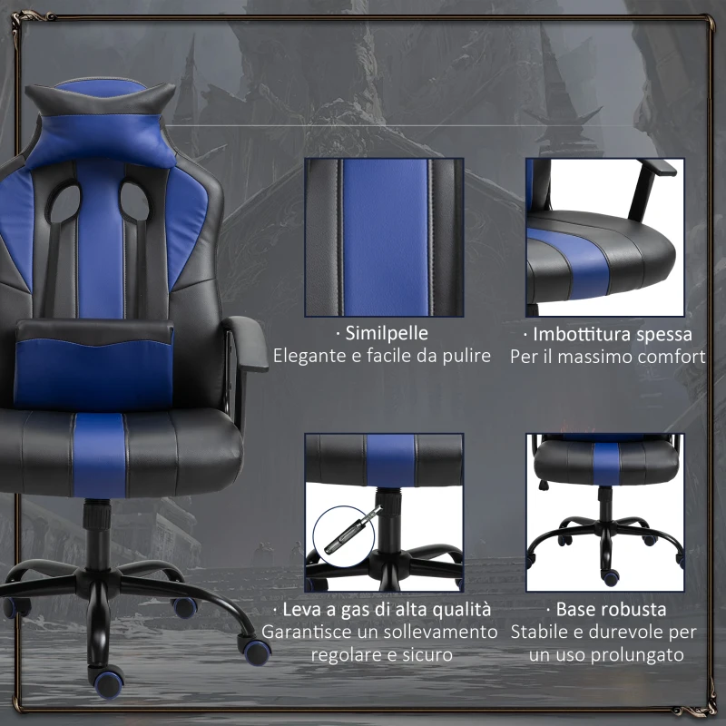 Vinsetto Sedia da Gaming Ergonomica con Cuscino Poggiatesta, Sedia da Ufficio con Lombare Altezza Regolabile e Funzione Dondolo, Nero e Blu, 73 x 64 x 112-122 cm