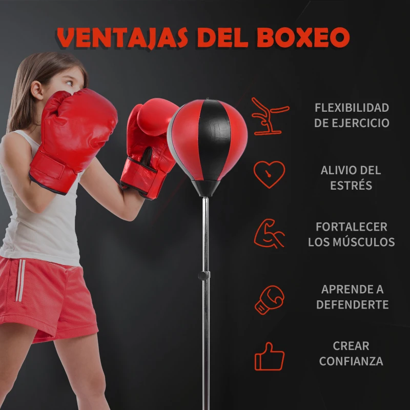 HOMCOM Saco de Boxeo de Pie Punching Ball con Altura Ajustable de 4 Niveles en 126-144 cm Base Rellenable de Agua o Arena y Guantes para Adolescentes Rojo y Negro